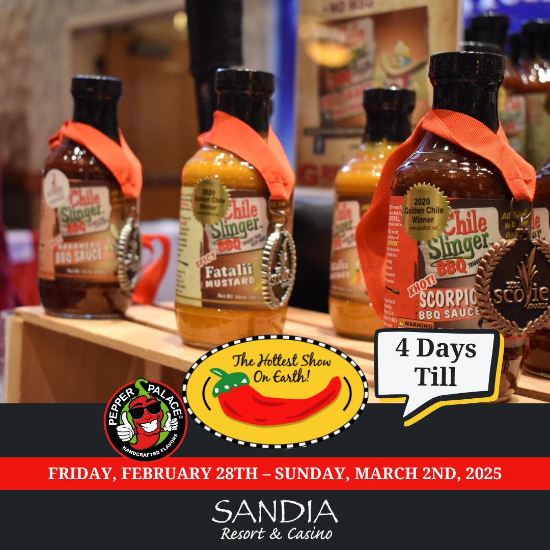 4 Days left until the 2025 National Fiery Foods &amp; BBQ Show presented by Pepper Palace! 🎉 Get tickets today and join us for another great year of national and international exhibitors, over 1,000 fiery concoctions to try and buy! 🔥 fieryfoodsshow.com/general-public/