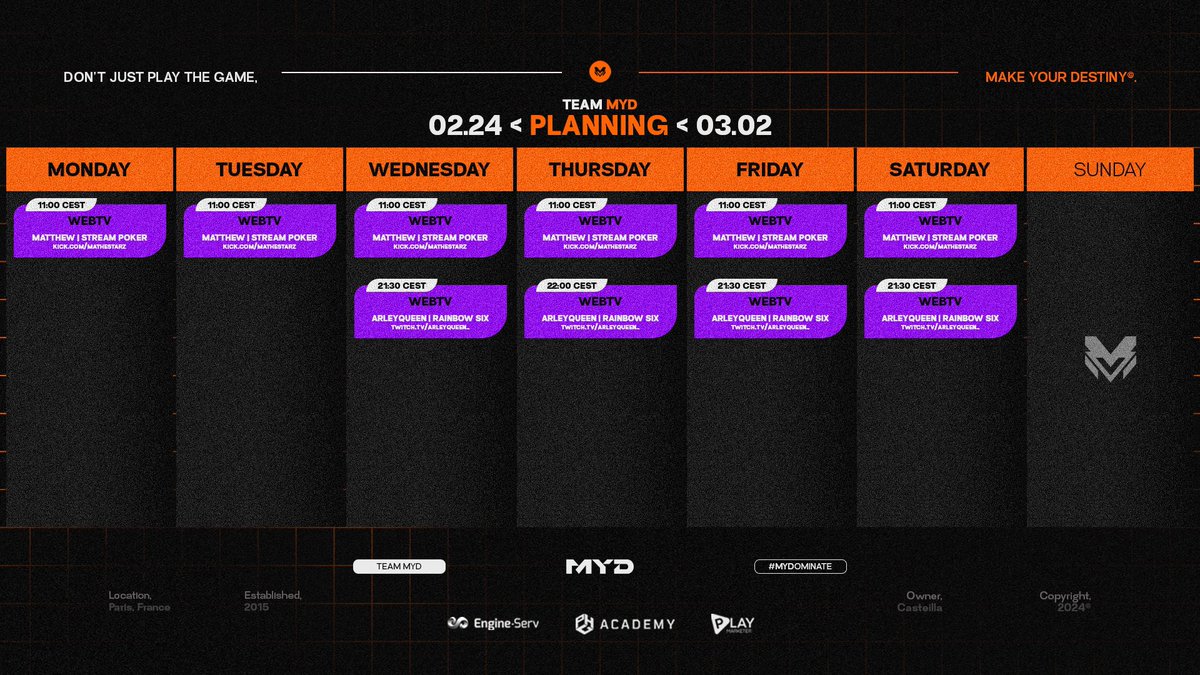 Planning de la semaine 🔥

Retrouvez Matthew et ArleyQueen sur leurs chaînes !

#MYDomination