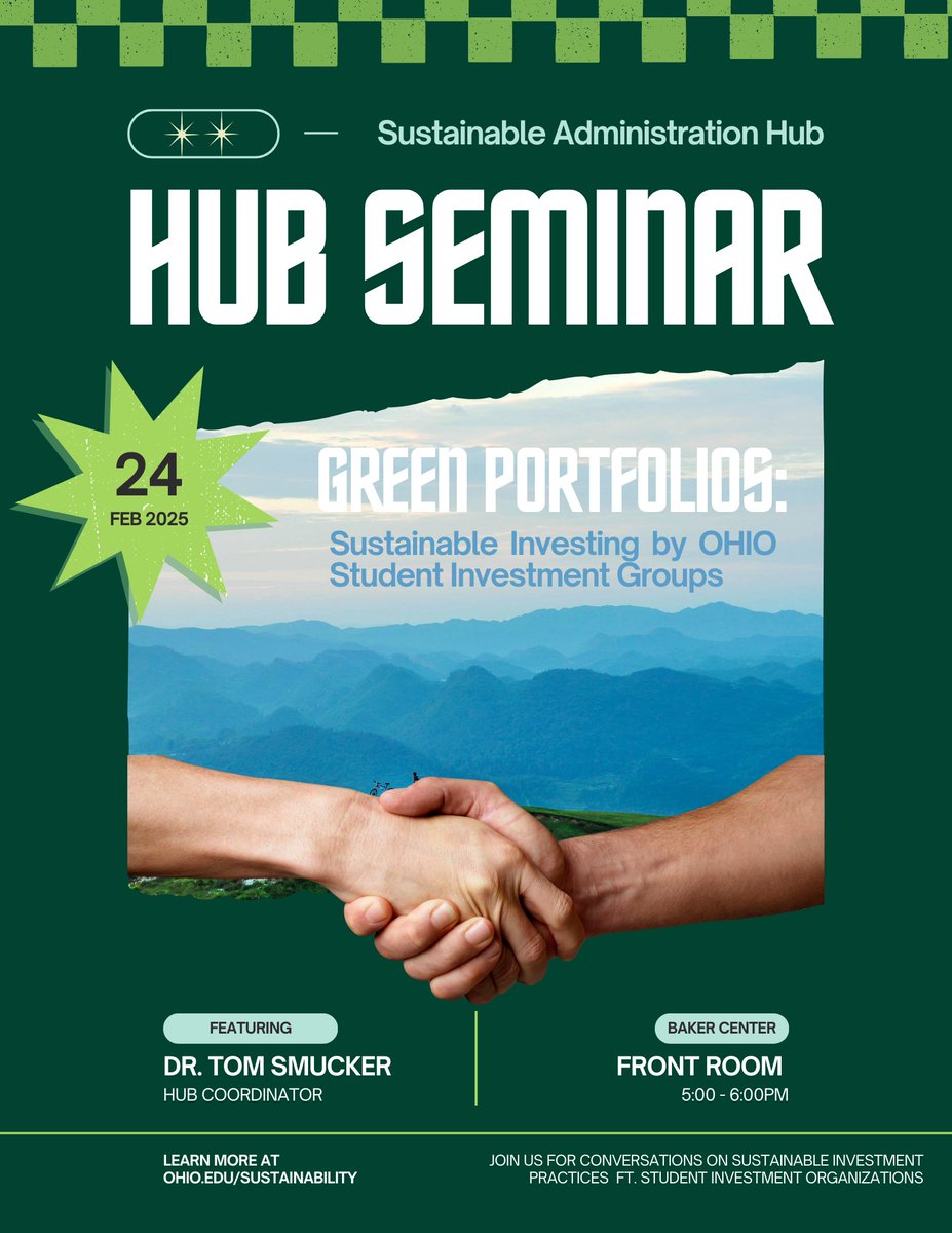 Our first hub seminar of the semester is here...tonight! Join the Sustainable Administration Hub for a presentation on sustainable investment practices at 5:00PM in Baker Center's Front Room Coffeehouse.