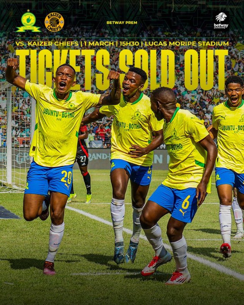𝗦𝗢𝗟𝗗 𝗢𝗨𝗧 ‼️

Tickets for Mamelodi Sundowns’ clash with Kaizer Chiefs at Lucas Moripe Stadium have been sold out.