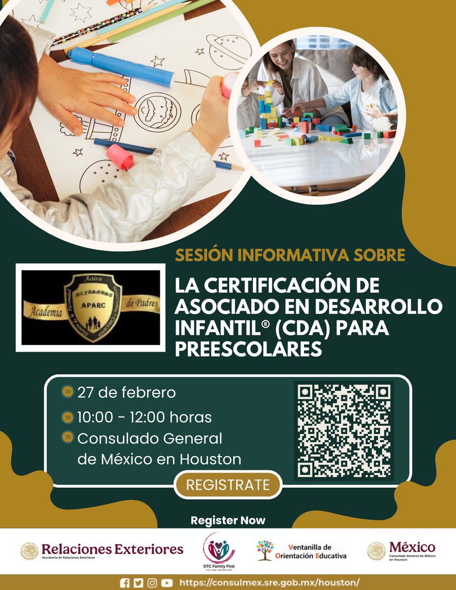 ¡Únete a nuestra sesión informativa con la Ventanilla de Orientación Educativa (VOE) y la Academia de Padres Activos, Responsables y Conscientes (APARC), y aprende sobre la CDA!
📆27 de febrero
🕘10:00-12:00 horas 
📍En #TuConsulado de México.
Regístrate: forms.gle/5fgCTCr7v4Ug8X…