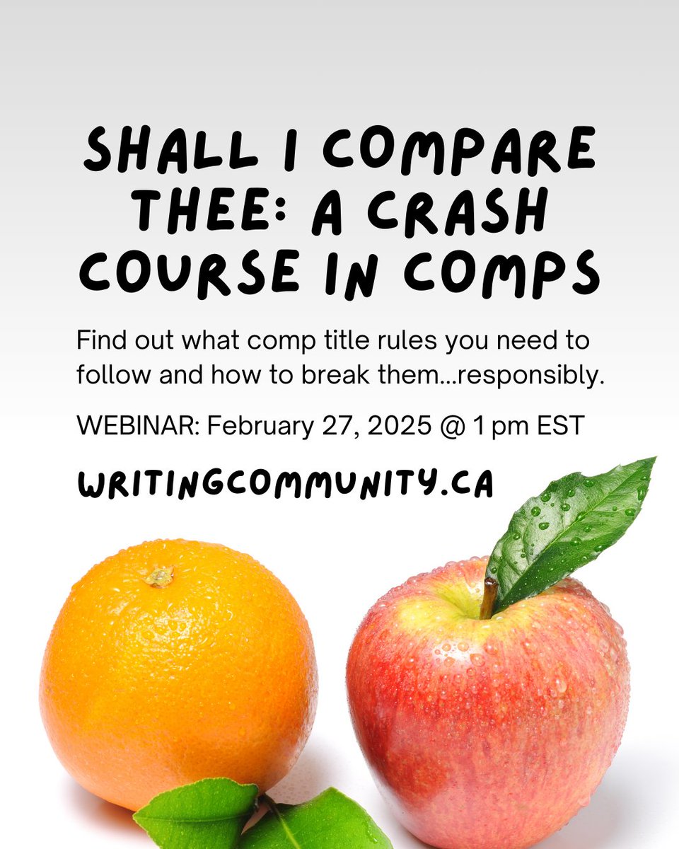 In my comp titles webinar this week, we're reviewing and REWRITING comp title rules. It's not too late to register! writingcommunity.ca/comp-title-web…

#writingcommunity #amquerying #writerslife #publishing #querytip #comptitles #writerstruggles