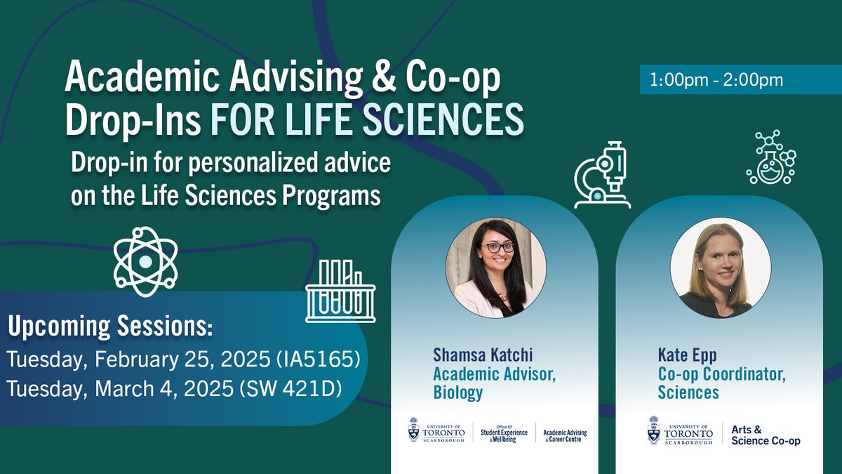 Are you a current or aspiring Life Science Co-op student?
Attend the Academic Advising &amp; Co-op Drop-Ins on Tues, February 25, at IA 5165, and March 4, at SW 421D, from 1pm– 2pm, to get all questions Life Sciences answered.
#LifeScienceStudent #ScienceCoop #CoopStudent <a href="/UTSC/">University of Toronto Scarborough</a>