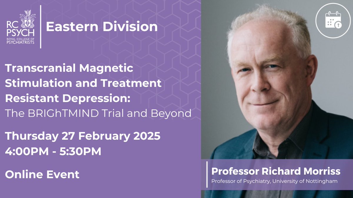 rcpsychEastern's tweet image. 🧠Our webinar on TMS &amp;amp; TRD is this Thursday!

Come along to hear from Prof Richard Morriss talk on what TMS is, It&apos;s different forms and the evidence base for it&apos;s use and potential place in clinical pathways.

Find out more &amp;amp; book now🔗bit.ly/3QtqZUq