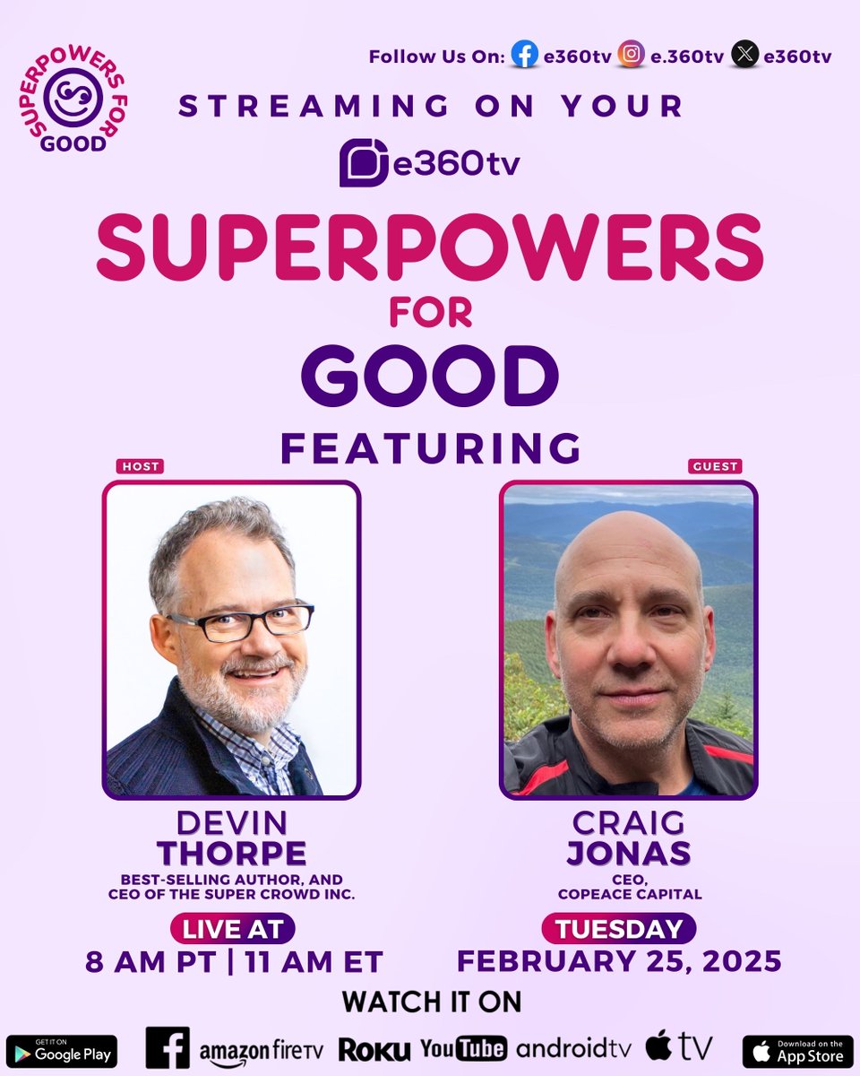 Excited to share tomorrow's episode of Superpowers for Good on <a href="/e360tv/">e360tv</a> OTT Network with Craig Jonas ( <a href="/DocJay45/">Craig Jonas</a> ), CEO, CoPeace ( @CoPeace )

To watch the episode, visit: s4g.biz/tv or download the #e360tv channel app to your streaming device or your mobile device.