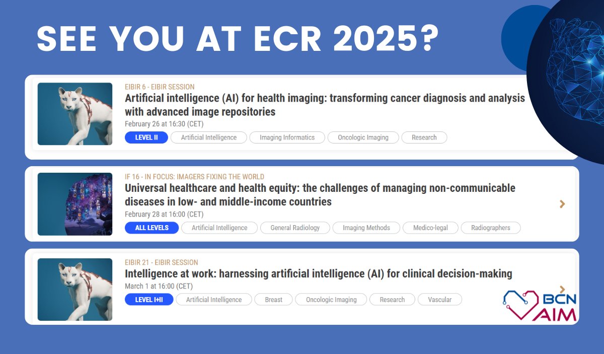 Karim Lekadir (@karimlekadir) on Twitter photo Are you attending #ECR2025?
๐
I will be speaking at the following three sessions: connect.myesr.org/?esrc_host=karโฆ.
Looking forward to see you there!
<a href="/EuCanImage/">EuCanImage</a> <a href="/RadioVal_AI/">Radio Val</a> <a href="/BCN_AIM/">Artificial Intelligence in Medicine Lab * BCN-AIM</a> #ArtificialIntelligence #MedicalImaging Are you attending #ECR2025?
๐
I will be speaking at the following three sessions: connect.myesr.org/?esrc_host=karโฆ.
Looking forward to see you there!
<a href="/EuCanImage/">EuCanImage</a> <a href="/RadioVal_AI/">Radio Val</a> <a href="/BCN_AIM/">Artificial Intelligence in Medicine Lab * BCN-AIM</a> #ArtificialIntelligence #MedicalImaging