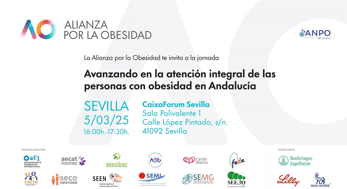📣 ¡Reserva tu plaza!
 📍CaixaForum Sevilla acoge el 5 de marzo la jornada "Avanzando en la atención integral de la obesidad en Andalucía".
⏰ 16:00 - 17:30 h
 🔗Inscríbete aquí 👉 bit.ly/4gPmdLC

#Obesidad #SaludPública #Andalucía #AtenciónIntegral