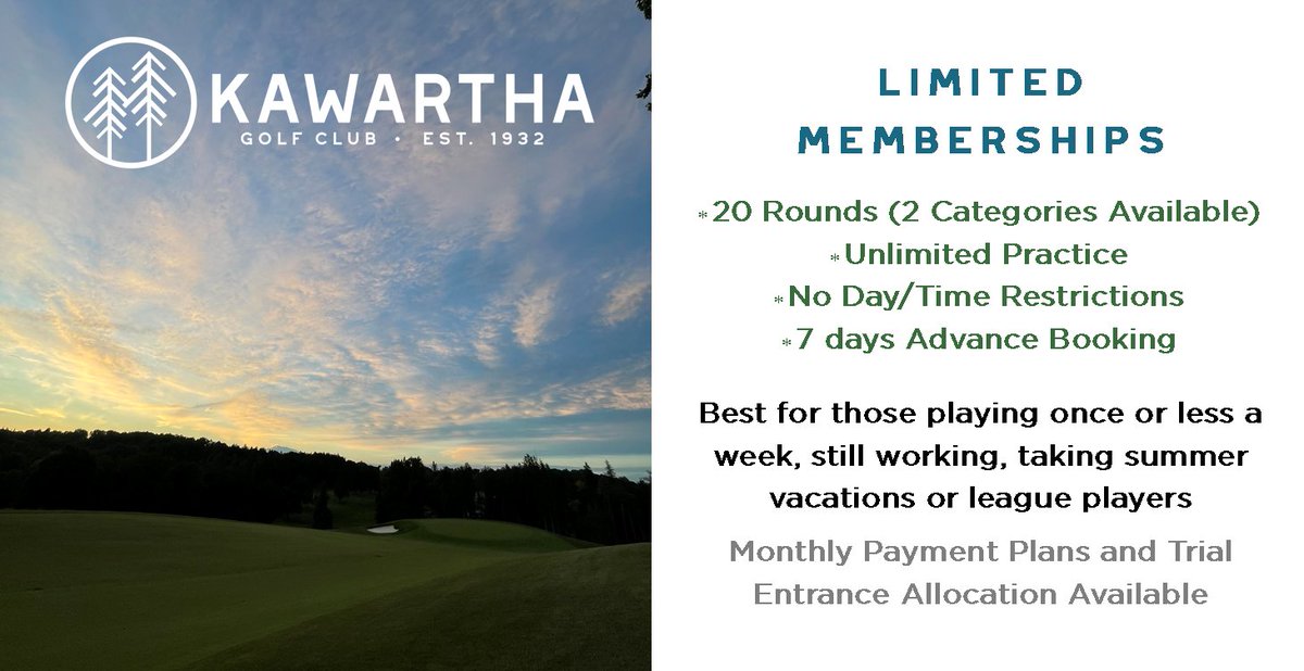 Busy? We've got two categories for those with limited time. The Limited 18 allows for 20 18-holes and the Limited 9 allows for 20 9-holes. Check out our membership page for more information. kawarthagolf.ca/Membership_(1)…