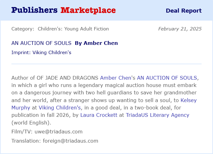 Congratulations to <a href="/amberwrites88/">Amber Chen 🏹</a> on the sale of AN AUCTION OF SOULS! #TeamTriada