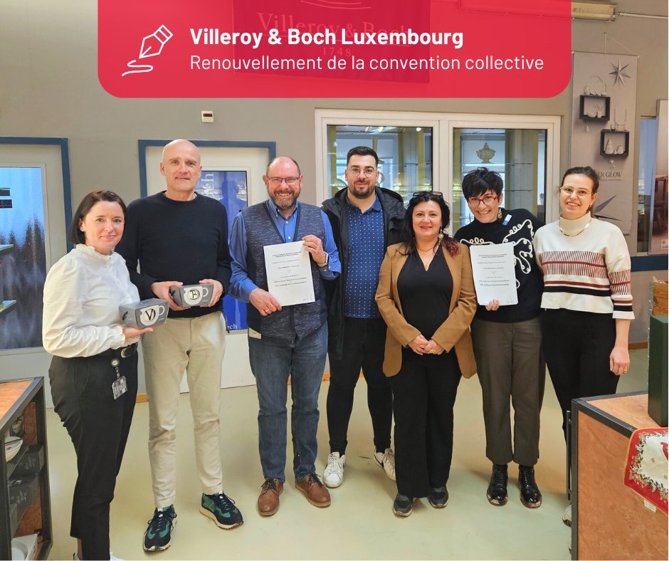 L’OGBL et le LCGB ont signé ✍️ avec la direction de Villeroy &amp; Boch le renouvellement de la convention collective de travail, apportant des améliorations pour les 47 salariés de l’entreprise.

▶️ Découvrez les améliorations négociées: tinyurl.com/yyzjn88f