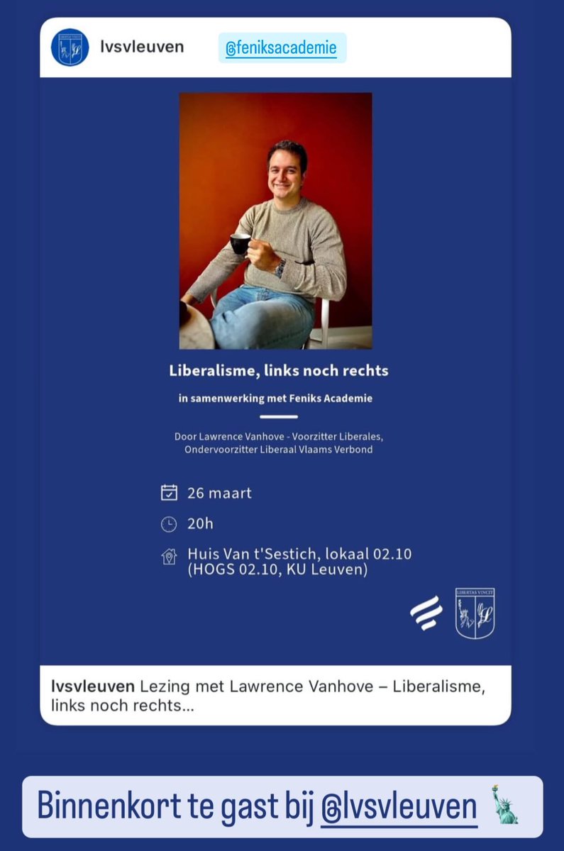 Binnenkort te gast bij <a href="/lvsvleuven/">LVSV Leuven</a> en <a href="/FeniksAcademie/">Feniks Academie</a> “Liberalisme, links noch rechts” 🗽

cc <a href="/Liberalesbe/">Liberales.be</a> &amp; <a href="/hetLVV/">Liberaal Vlaams Verbond</a>