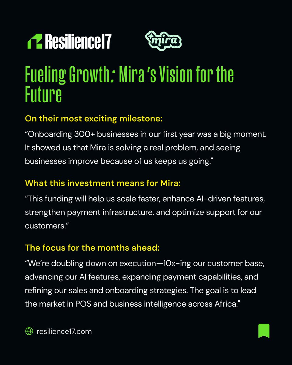 Funding Spotlight: Resilience17 x Mira 🚀

This investment allows us to accelerate customer acquisition, improve our product, and scale operationally. At this stage, it’s all about scaling efficiently while maintaining great service and retention." – Ted Oladele, Founder of Mira.