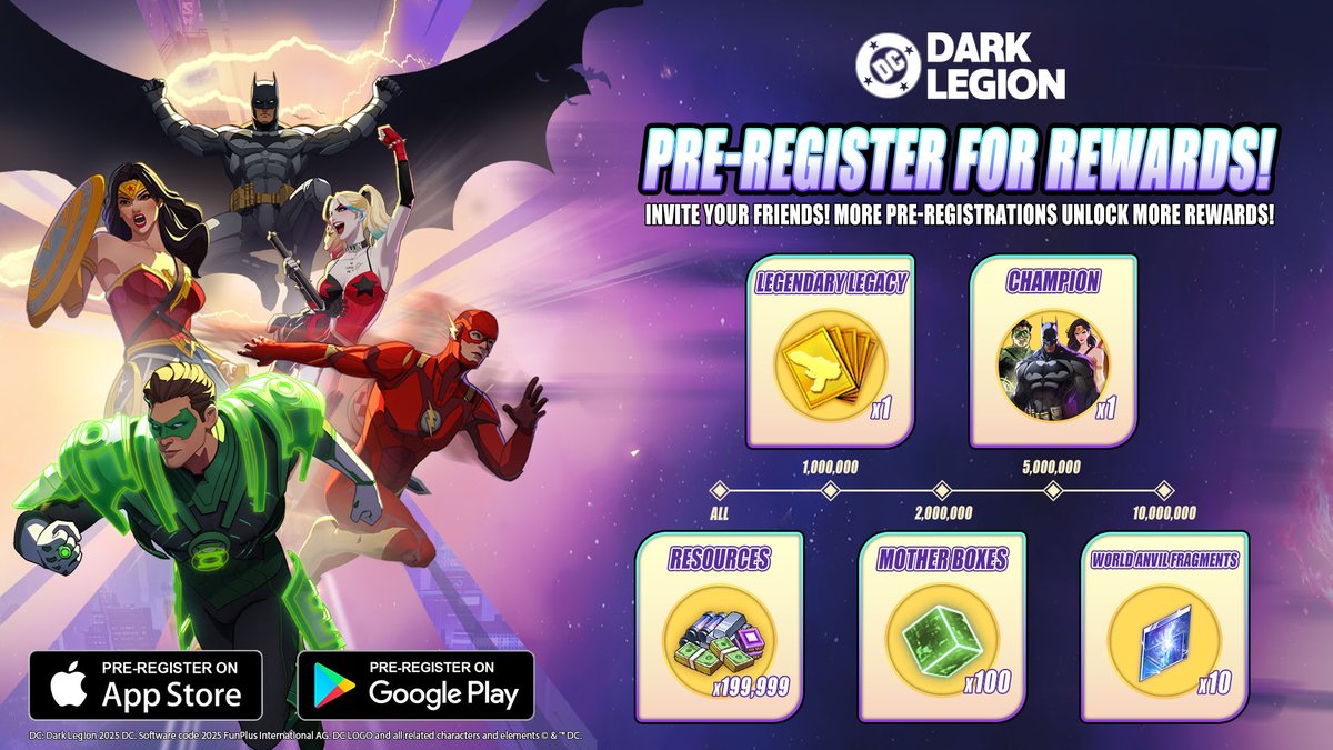 📲 Pre-register for DC: Dark Legion on Google Play or the App Store to reserve your exclusive rewards!

🔁 Share this post to unlock even MORE rewards: The more total pre-registrations we achieve, the more rewards we'll send to ALL players!

🎯 If we reach 5,000,000