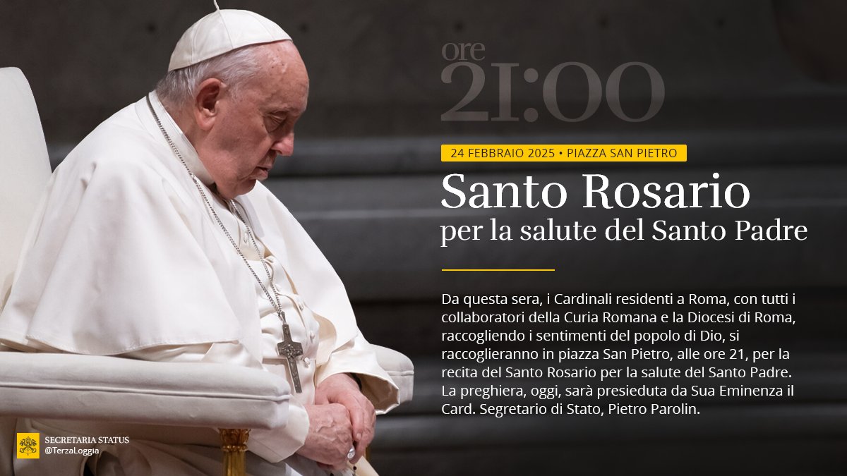 Questa sera, alle ore 21:00, in Piazza San Pietro, si terrà la recita del Santo Rosario per la salute di Papa Francesco.
