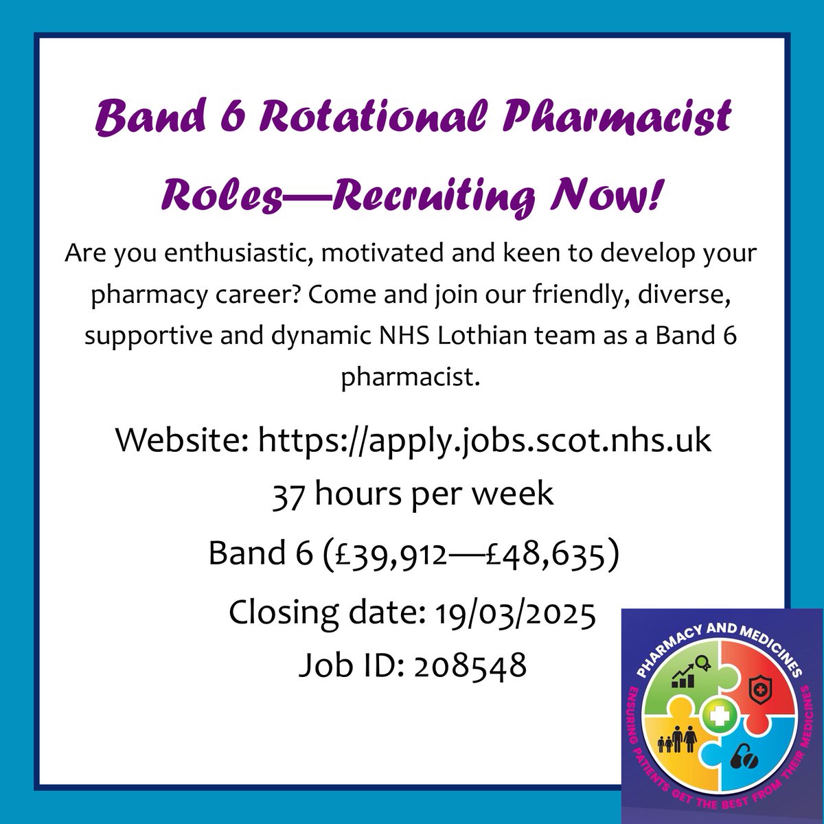 NHSLothianPharm's tweet image. Our pharmacy service is rapidly developing and it’s an exciting time to join our team. We are recruiting Band 6 Rotational Pharmacists in several areas. Click the link for more information and to apply now! apply.jobs.scot.nhs.uk/Job/JobDetail?…