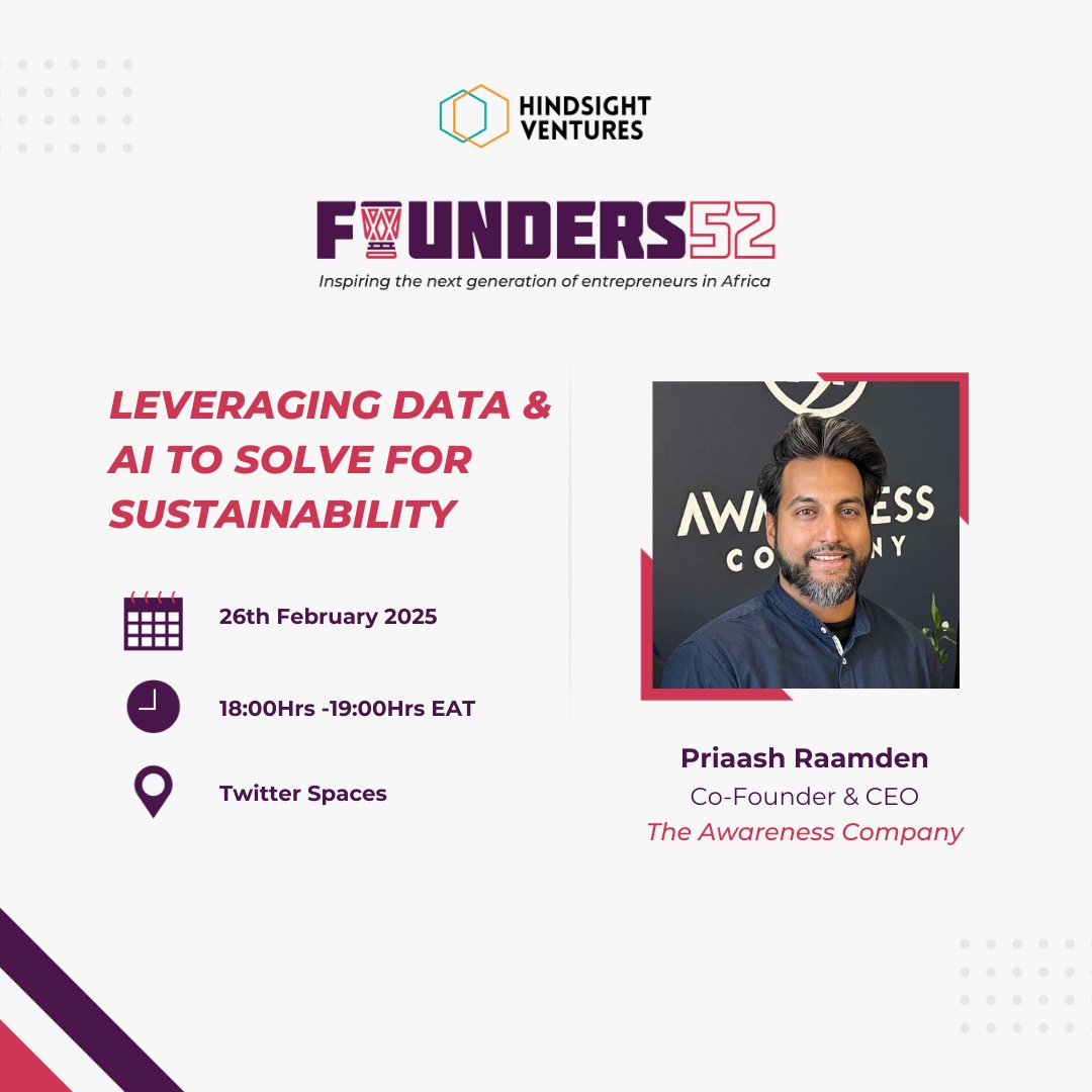 Join us this Wednesday, 26th Feb, 2025 as we host Priaash Ramadeen, Co-Founder &amp; CEO, The Awareness Company on our 41st episode of #Founders52 podcast series that are held on X, at 1800hrs EAT.

Here’s the link to mark your calendars for Wednesday  - x.com/i/spaces/1MnGn…