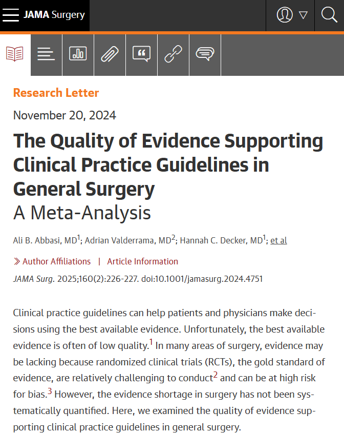 Only 10% of recommendations in surgical clinical practice guidelines are supported by high quality evidence. ja.ma/4kaoWlx