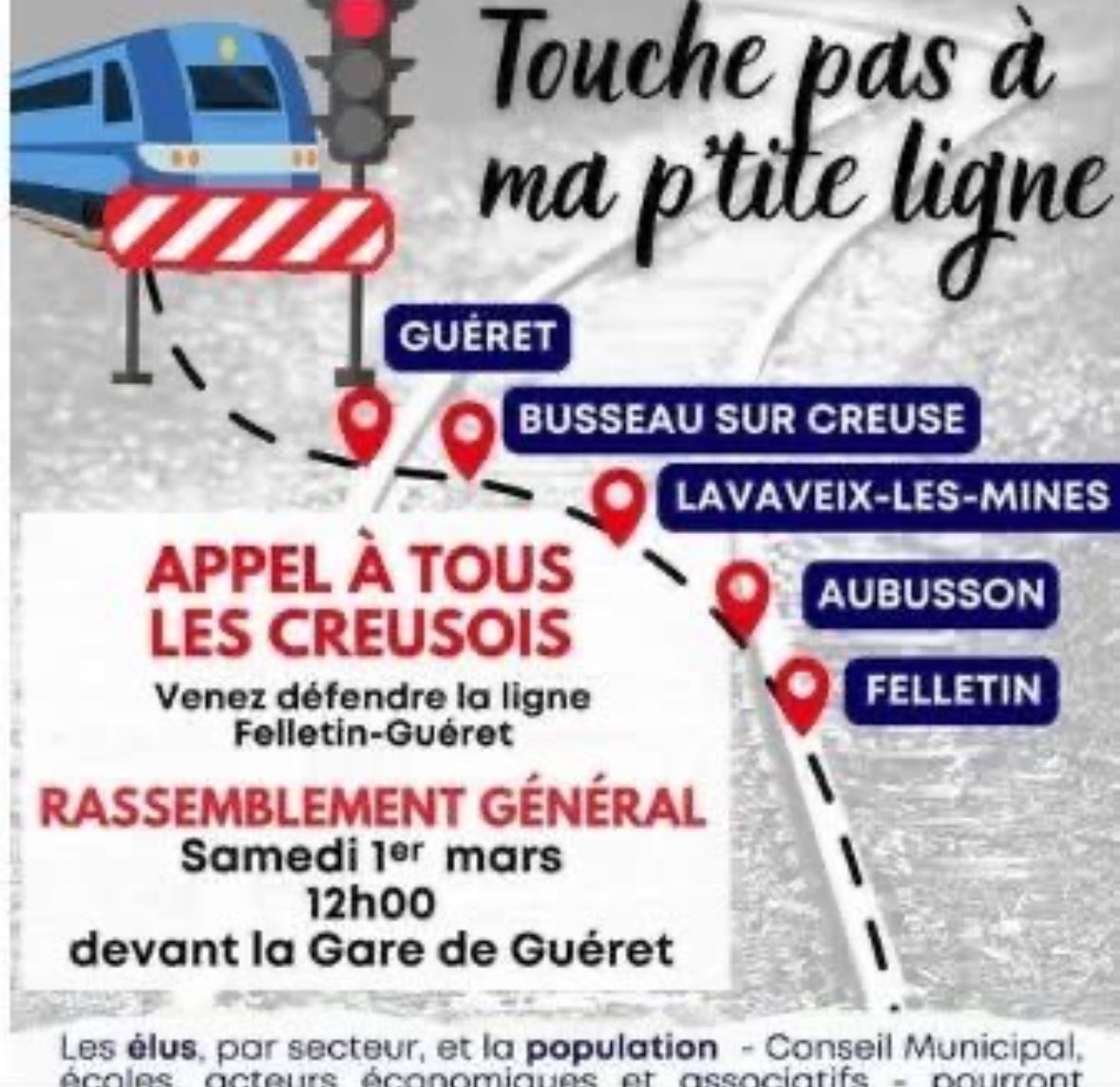 Oui au Train a Felletin (@trainfelletin) on Twitter photo 🚨 NOUVELLE MOBILISATION 🚨
Nous devons garder notre ligne ouverte !
👉 Samedi 01 mars
👉 12h00
👉 Gare de Guéret (23)
Tant qu’il y a de la vie, il y’a de l’espoir !
<a href="/PhilippeTabarot/">Philippe Tabarot</a>
<a href="/ici_creuse/">Ici Creuse</a> 🚨 NOUVELLE MOBILISATION 🚨
Nous devons garder notre ligne ouverte !
👉 Samedi 01 mars
👉 12h00
👉 Gare de Guéret (23)
Tant qu’il y a de la vie, il y’a de l’espoir !
<a href="/PhilippeTabarot/">Philippe Tabarot</a>
<a href="/ici_creuse/">Ici Creuse</a>