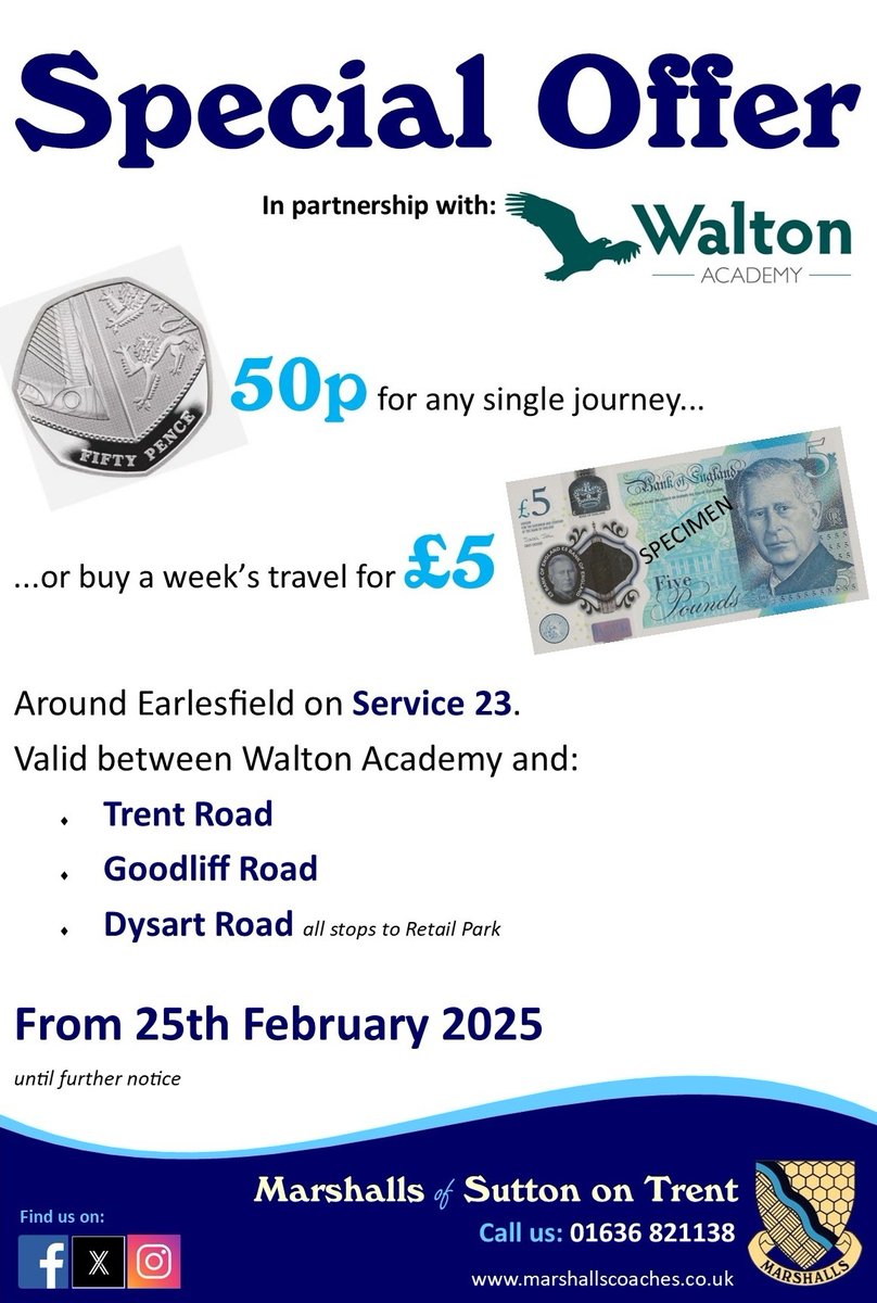 Travelling to <a href="/walton_academy/">Walton Academy</a> ?
We have a bus for that - and if you live in the Earlesfield area of Grantham, along Dysart Road, Goodliff Road and Trent Road, it'll only cost you 50p per journey!

To save the faff with loose change, why not buy a weekly ticket for a fiver?