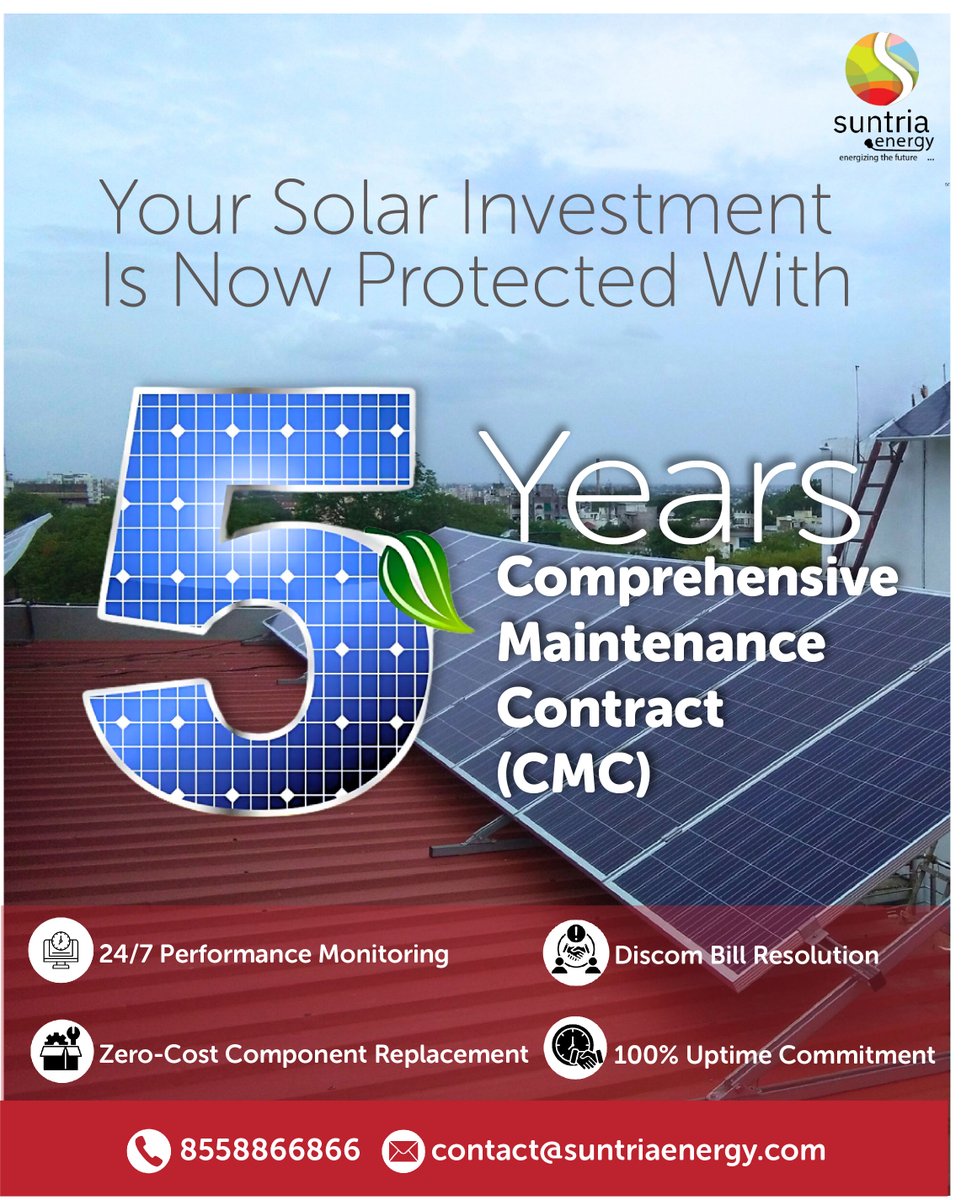 suntriaenergy's tweet image. Protect Your Solar Investment for 5 Years! ☀️🔧

Get 24/7 monitoring, zero-cost replacements, 100% uptime, and Discom bill resolution with our Comprehensive Maintenance Contract (CMC).

📞8558866866 | 📩@suntriaenergy.com

#SolarMaintenance #RenewableEnergy #SolarService #Solar