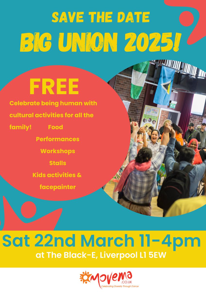 Save the date for the return of the Big Union with our friends at <a href="/Movema/">Movema Dance</a>!

On Saturday 22nd March this amazing event will be providing performances, workshops and food to be enjoyed by all the family.

Located at The Black-E, Liverpool 💛🌍

#movema #liverpool #union #dance