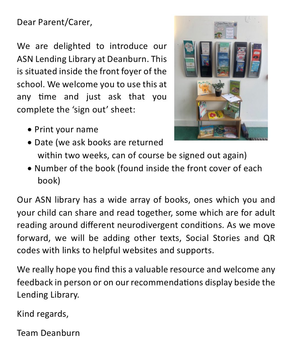 Mrs C Fraser (@mrs_cfraser) on Twitter photo In line with our aim to develop understanding across the school community of inclusion - look at what our wonderful staff and parent council have set up!
A Lending Library all about Supporting Childrenβs Needs.
Please feel free to pop in and borrow any of the books! In line with our aim to develop understanding across the school community of inclusion - look at what our wonderful staff and parent council have set up!
A Lending Library all about Supporting Childrenβs Needs.
Please feel free to pop in and borrow any of the books!