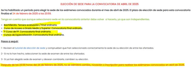 No te olvides de seleccionar tu sede para los exámenes del <a href="/CIDEAD/">CIDEAD</a> en la próxima convocatoria del mes de abril. El plazo finaliza el 24 de febrero.