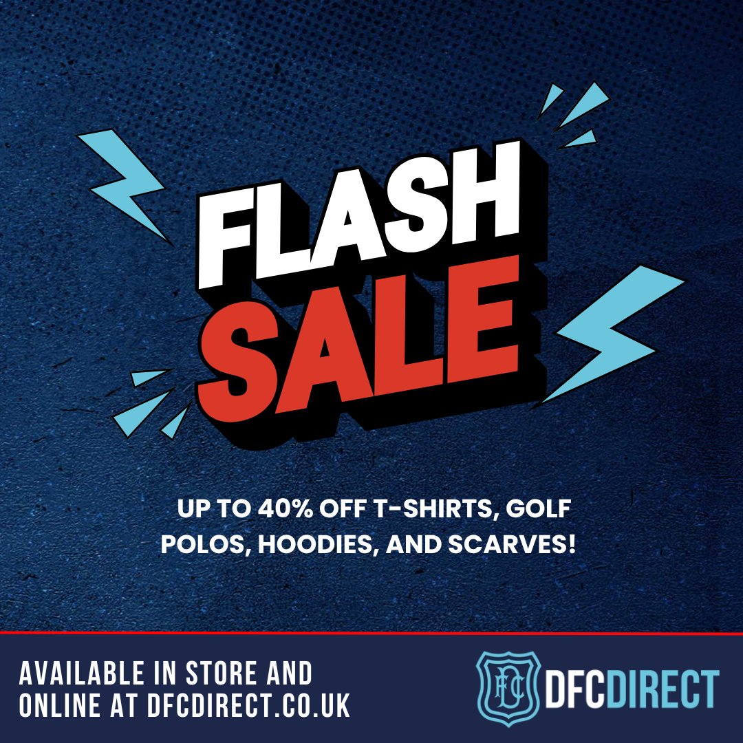 FLASH SALE – Up to 40% OFF! ⚡

Grab a bargain at Dundee Direct with up to 40% off T-shirts, Golf Polos, Hoodies, and Scarves! 🛍️

👉 Shop now: dfcdirect.co.uk/collections/cl… 

📅 Limited time only – don’t miss out!
🛍️ Available online &amp; in-store

#Dundee1893 #TheDee #DundeeDirect