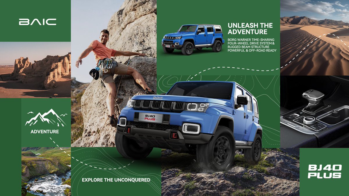 baicglobal's tweet photo. Unleash your adventure with the BAIC BJ40 PLUS.
Equipped with a Borg Warner Time-Sharing 4WD system, a rugged beam structure, and powerful off-road capability, it conquers deserts and mountains alike. Embrace true exploration.
#BAIC #BJ40PLUS #BAICENJOYRIDE https://t.co/gZhqqSLckN