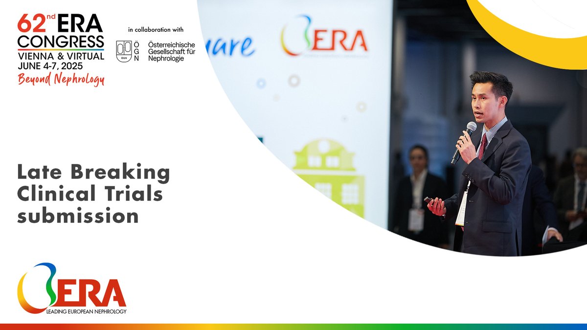 💡Submit your Late Breaking Clinical Trial and take innovation beyond nephrology at the cutting edge of research at #ERA25!⁣
🎙️The best Abstracts will be selected for presentation at the LBCT Symposium ⁣
⏰Deadline: March 26, 2025
Submit now 👉 lc.cx/aBn6pl