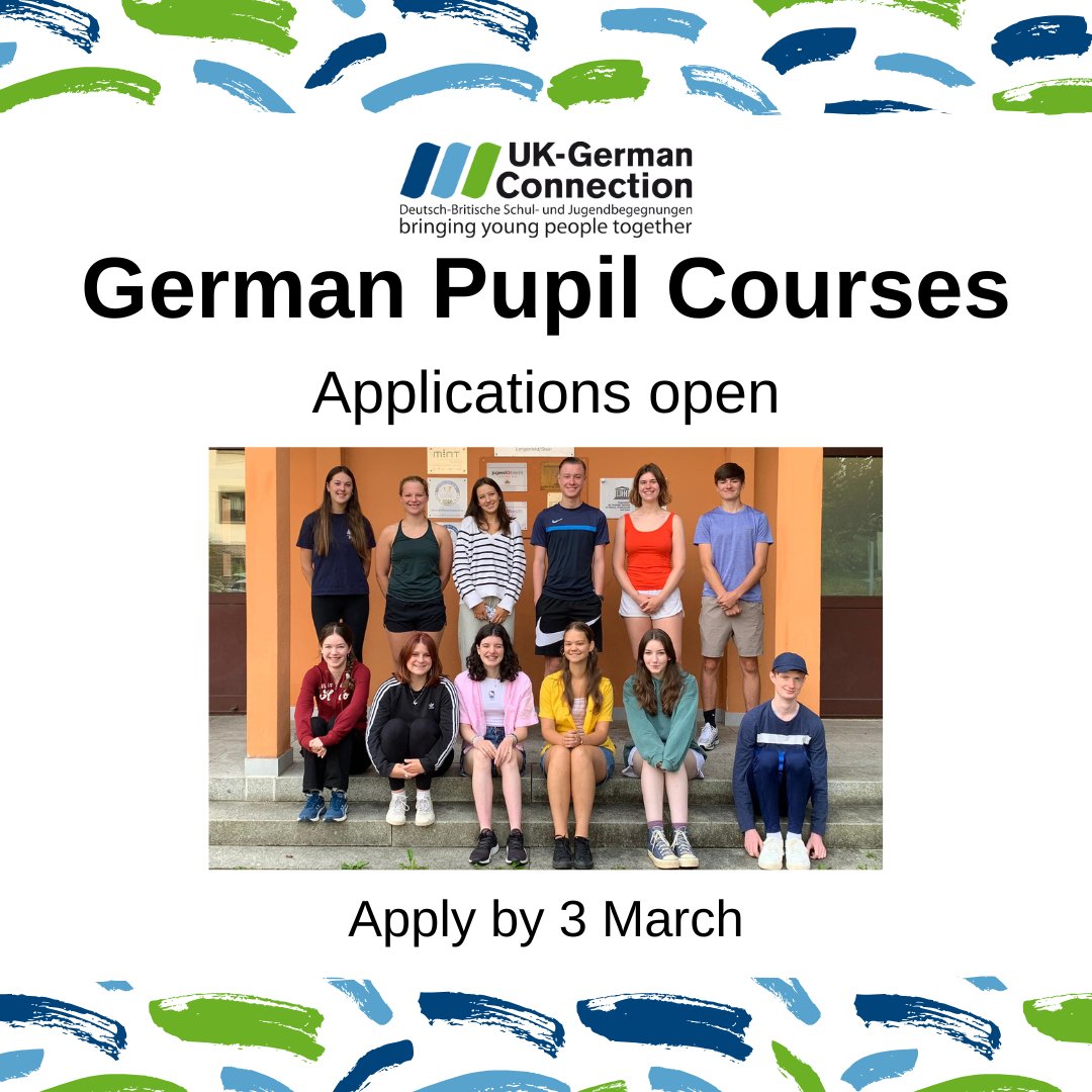 UK-German Connection (@ukgconnection) on Twitter photo There is only one week left to apply for the German Pupil Courses!
This 2-week course includes cultural and language activities, staying with a host family, meeting like-minded peers, and more!
Applications close on Monday, 3 March: ukgermanconnection.org/yp/get-involve…
<a href="/GPCGerman/">German Pupil Courses</a> There is only one week left to apply for the German Pupil Courses!
This 2-week course includes cultural and language activities, staying with a host family, meeting like-minded peers, and more!
Applications close on Monday, 3 March: ukgermanconnection.org/yp/get-involve…
<a href="/GPCGerman/">German Pupil Courses</a>