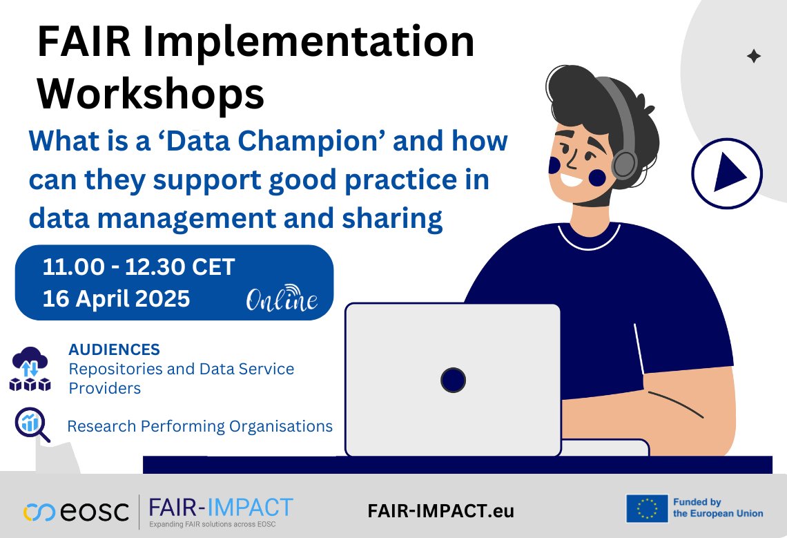 🖥️What is a Data Champion &amp; how do they support good #DataManagement?
Join the #FAIR Implementation Workshop on April 16, 2025 (11:00-12:30 CET) to explore their role &amp; impact!

🎙Expert speakers |🔍Best practices |💡Insights
⬇️Free, registration required!
shorturl.at/5K6cr