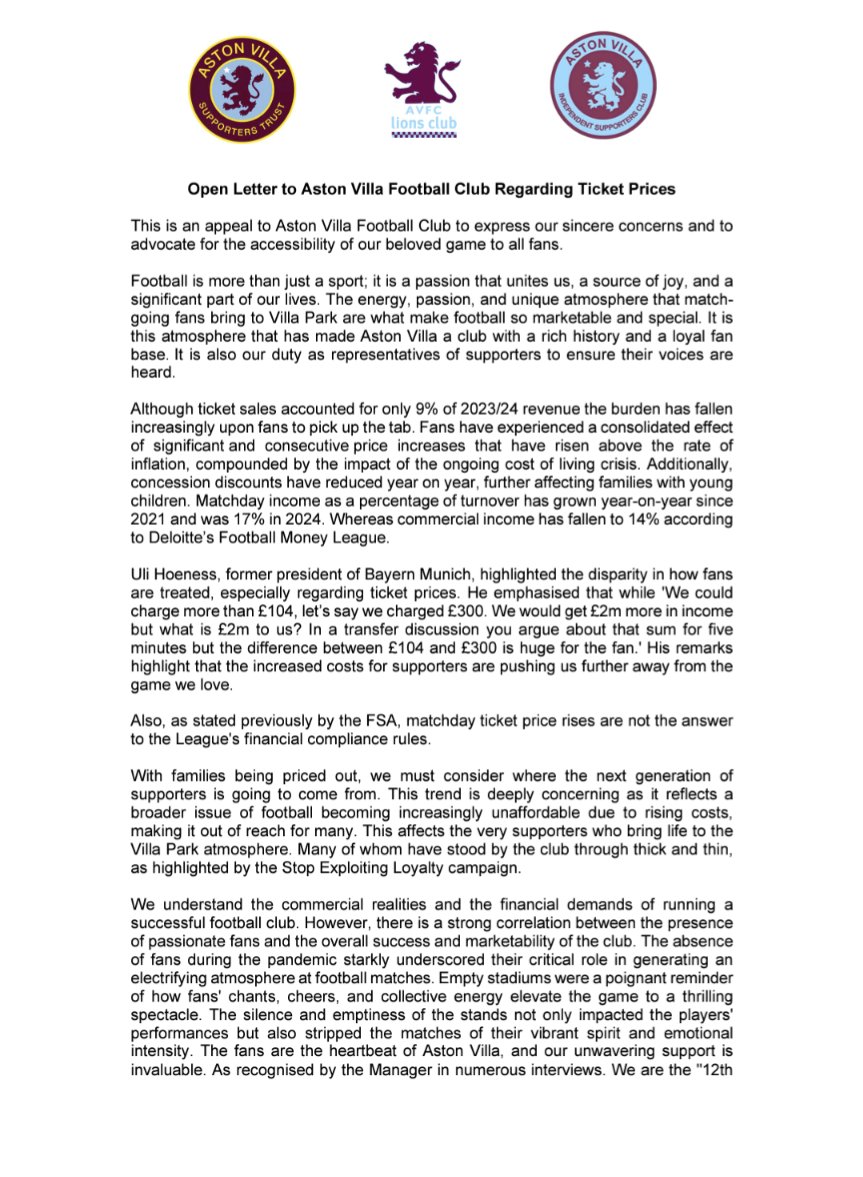 Villa_Trust's tweet image. Ticket Prices: A joint appeal to @AVFCOfficial from the Trust, Lions Club and Independent Supporters Club for a price freeze next season.
#AVFC
#StopExploitingLoyalty