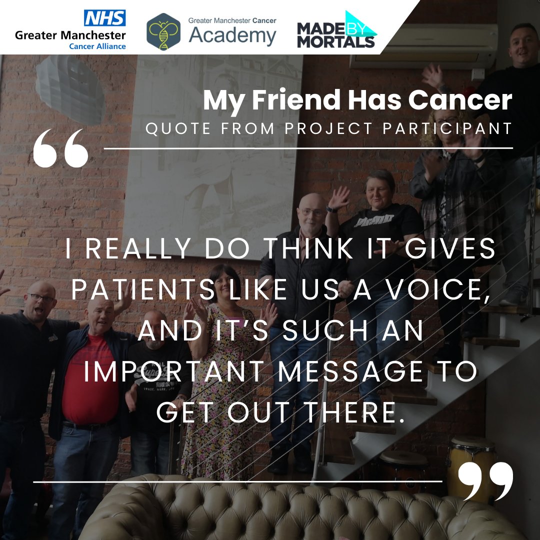Greater Manchester Cancer Alliance (@gm_cancer) on Twitter photo Just launched!
What does being a good friend to someone with cancer really mean? This new resource from <a href="/MadeByMortals/">Made by Mortals</a> and coproduced by <a href="/GMCancerPPIE/">PPIE Greater Manchester Cancer Alliance</a> shows how we can better understand the role of personalised care in supporting patients.
Listen🎙️👉youtube.com/watch?v=6toQiX… Just launched!
What does being a good friend to someone with cancer really mean? This new resource from <a href="/MadeByMortals/">Made by Mortals</a> and coproduced by <a href="/GMCancerPPIE/">PPIE Greater Manchester Cancer Alliance</a> shows how we can better understand the role of personalised care in supporting patients.
Listen🎙️👉youtube.com/watch?v=6toQiX…