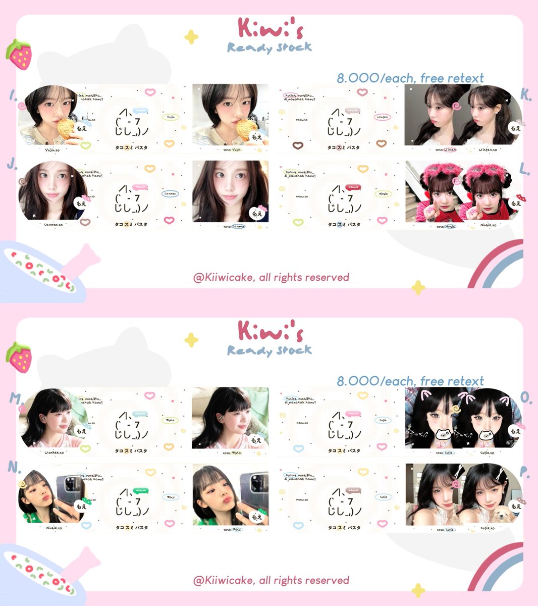 Kiiwicake's tweet image. ㅤ
— 🧃🥣⭐🍅 help retweet/repost? terimakasih ♡ 

𝐇alo! Aku punya 16 layout ready stock Girl Grup dan Ulzzang gemas yang bisa kamu jemput sekarang dengan harga 8.OOO /each sudah free retext. cek alt yaa buat list charanya, ayo jajan! 😆 #zonauang 🍓
⠀