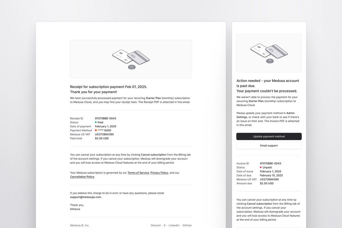 ludvigrask_'s tweet image. Two emails for @medusajs - &quot;Receipt&quot; and &quot;past due&quot; 💸