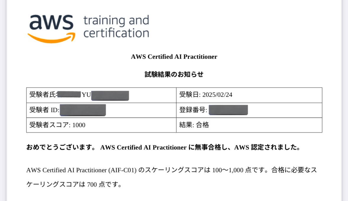 Master_Yuusan's tweet image. AWS AI Practitioner合格しました😆
初めての満点💯

#AWS認定
