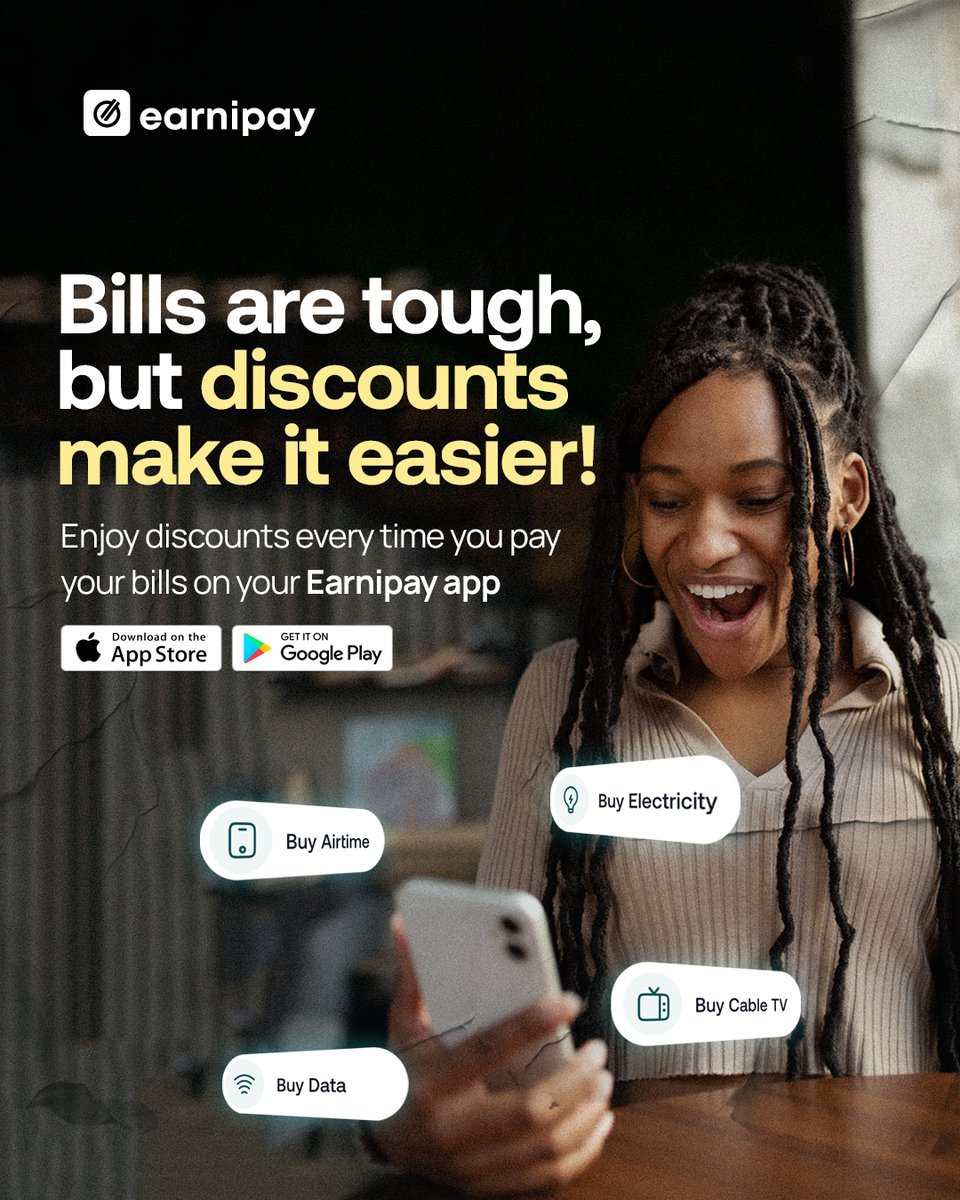 earnipay's tweet image. Bills can be a lot, but discounts make it easier!

With Earnipay, you get discounts every time you pay for:

💡 Electricity
📶 Data &amp;amp; Airtime
📺 TV subscription

Pay your bills on the Earnipay app and spend less on bill payments!

#Earnipayapp #discountondata #billpayment