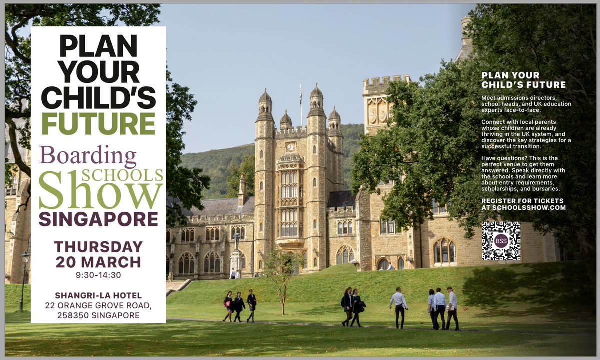 Our 2025 Boarding Schools Show is returning to Singapore on March 20th - with the top schools in the UK and a full content programme, it's a perfect chance for Singapore families to discover the perfect school! Free Tickets and more info at schoolsshow.co.uk/boarding-schoo…