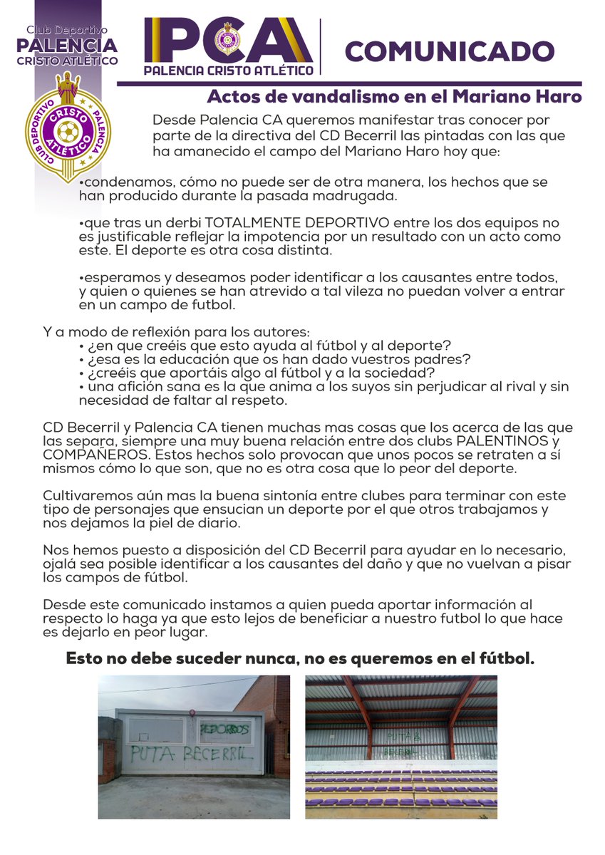 📝COMUNICADO OFICIAL
Nos queremos sumar con este comunicado en apoyo a nuestros COMPAÑEROS del <a href="/cd_becerril/">CD.Becerril</a> 
 
"Esto no es fútbol, esto no es respeto"
"El respeto y la deportividad están por encima de cualquier rivalidad"