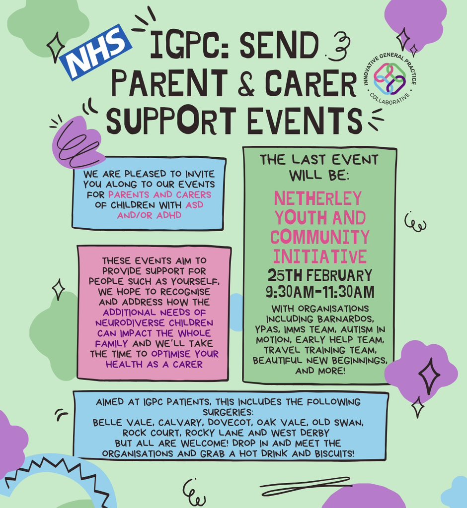 Our last parent and carer support event is tomorrow! Make sure to pop in and say hello to the team and some of the brilliant organisations we have been working with for these events. We hope to see you there! #igpcpcn