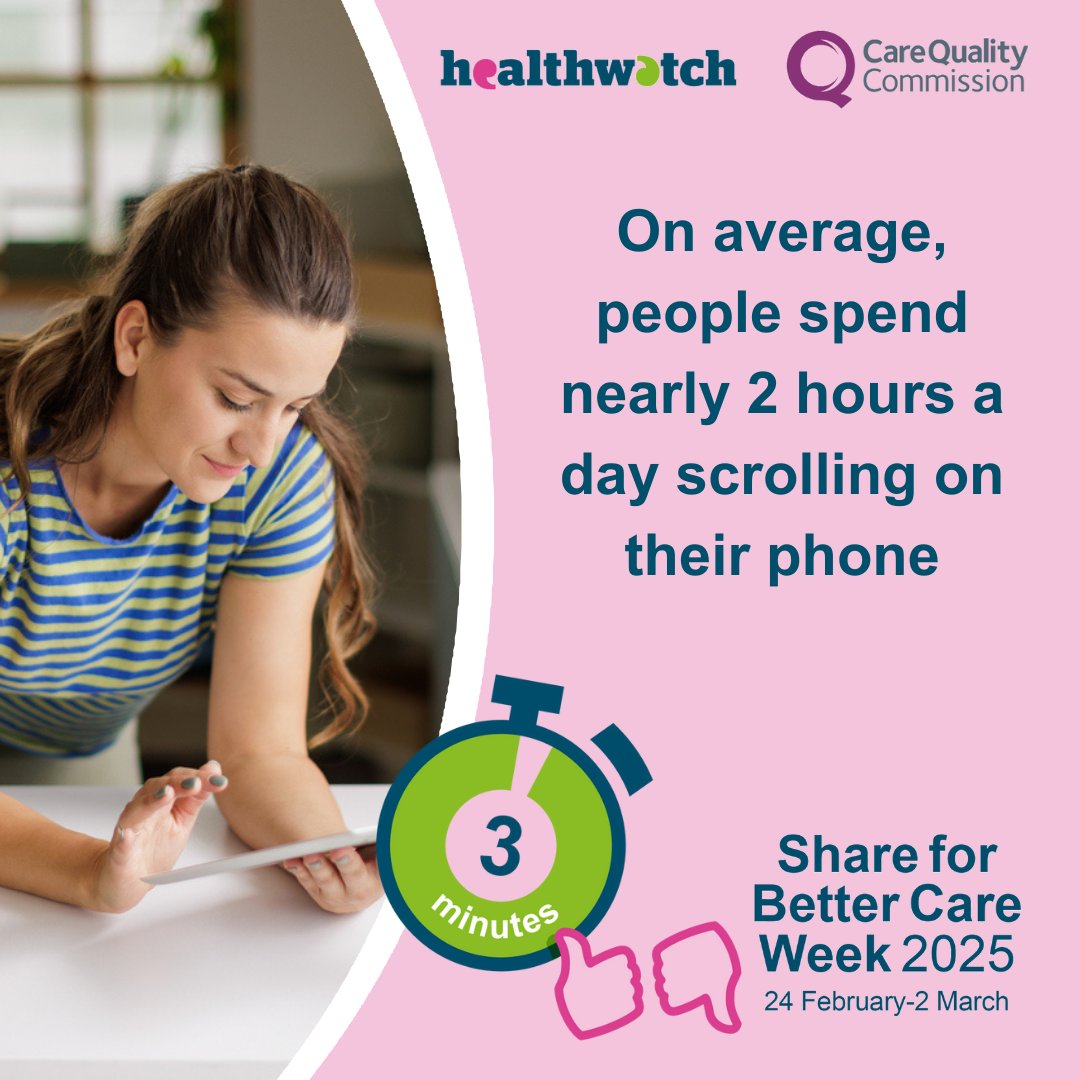 Healthwatch England (@healthwatche) on Twitter photo Most of us spend a lot of time each day scrolling on our phone! You could take just 3 minutes to tell us about your health or social care experiences and help improve these services for everyone. #ShareForBetterCare bit.ly/BetterCareFeed… <a href="/CareQualityComm/">Care Quality Commission</a> Most of us spend a lot of time each day scrolling on our phone! You could take just 3 minutes to tell us about your health or social care experiences and help improve these services for everyone. #ShareForBetterCare bit.ly/BetterCareFeed… <a href="/CareQualityComm/">Care Quality Commission</a>