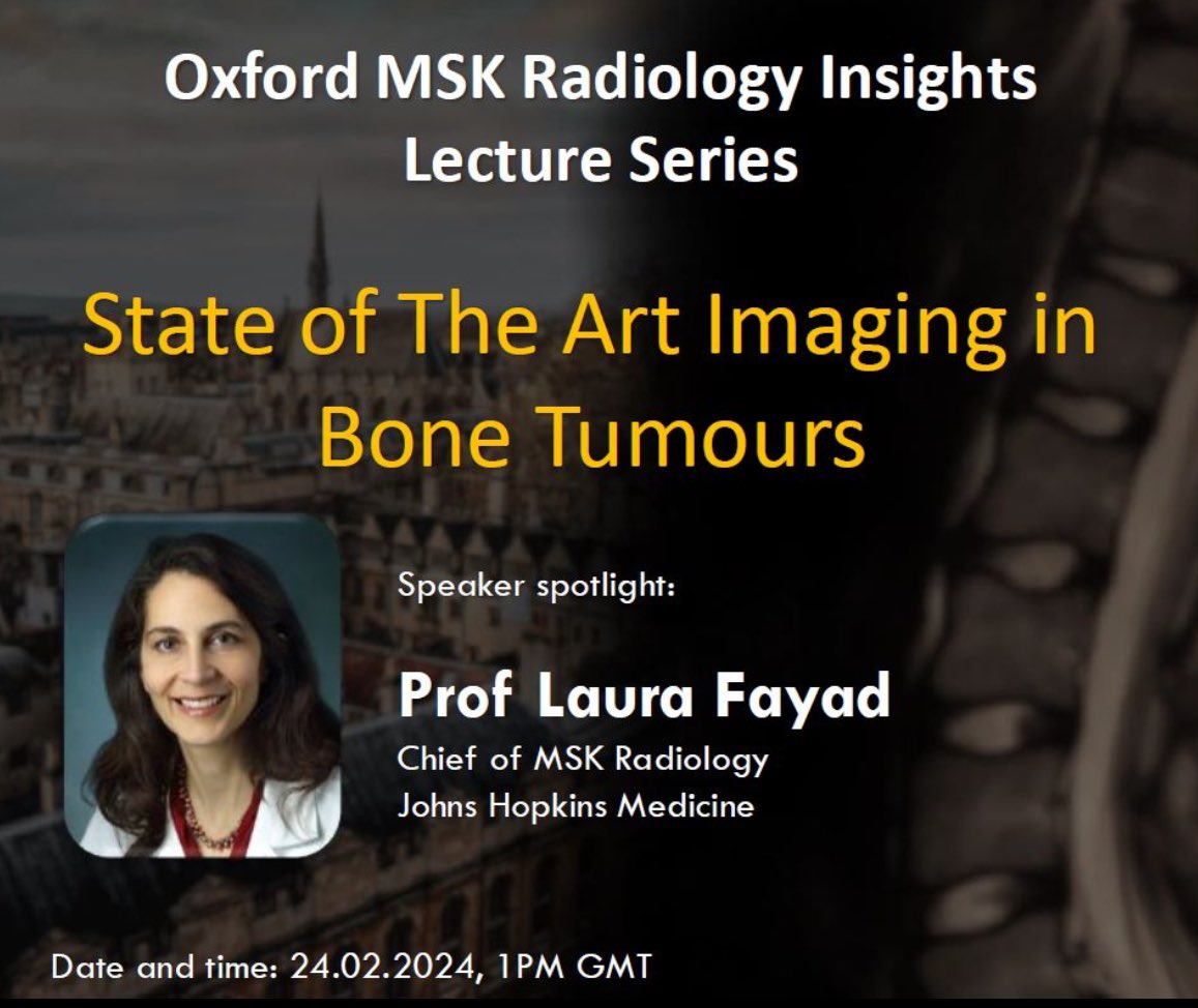 Devpriyo Pal | Radiologist (@drdevrad) on Twitter photo Check out the Oxford MSK Radiology Insights Lecture Series! The speaker today is Prof <a href="/LauraMFayad/">Laura Fayad</a>, Chief of MSK Radiology, Johns Hopkins Medicine.
Microsoft Teams
Meeting ID: 348 628 843 491
Passcode: L9Z7Vi2o Check out the Oxford MSK Radiology Insights Lecture Series! The speaker today is Prof <a href="/LauraMFayad/">Laura Fayad</a>, Chief of MSK Radiology, Johns Hopkins Medicine.
Microsoft Teams
Meeting ID: 348 628 843 491
Passcode: L9Z7Vi2o