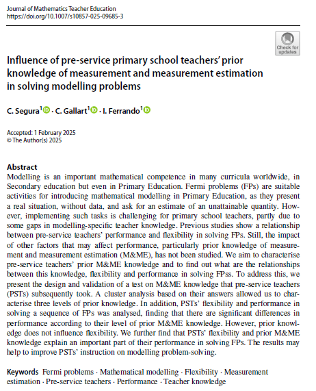 Carlos Segura (@carsecor) on Twitter photo What is the knowledge profile of pre-service teachers in measurement and measurement estimation (M&ME) and how does it influence their flexibility and performance in solving modelling problems? Together with C. Gallart and <a href="/IreneFerrando1/">Irene Ferrando</a> we answer it🧵: link.springer.com/article/10.100… What is the knowledge profile of pre-service teachers in measurement and measurement estimation (M&ME) and how does it influence their flexibility and performance in solving modelling problems? Together with C. Gallart and <a href="/IreneFerrando1/">Irene Ferrando</a> we answer it🧵: link.springer.com/article/10.100…