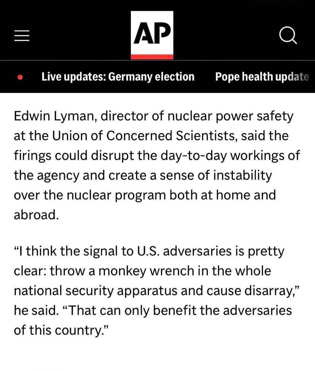 USA looking weak af

apnews(dot)com/article/nuclear-doge-firings-trump-federal-916e6819104f04f44c345b7dde4904d5