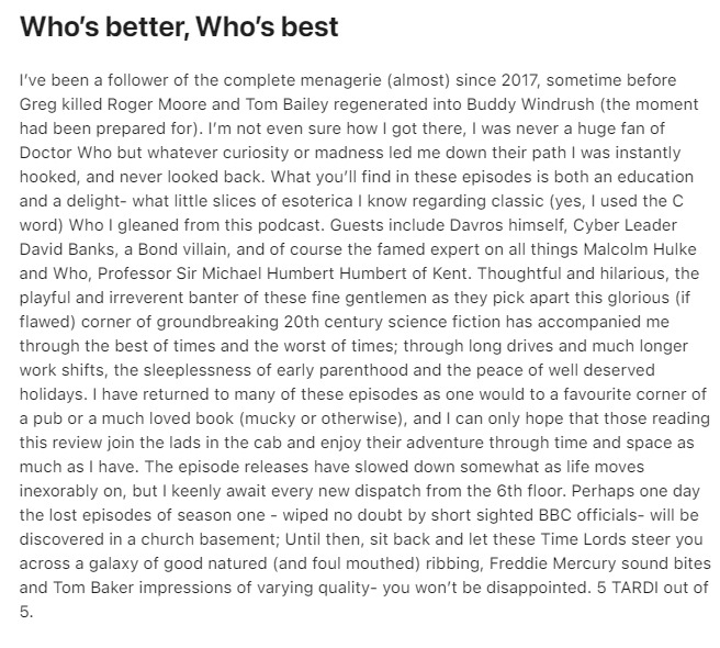 DWMenagerie's tweet photo. Thank you to Tiny Danster for this 🌟🌟🌟🌟🌟 review. It's an opportune time to say, after 59 episodes and over a decade of cheeky twaddle, we're hanging up our scarves. But we may return. Stay tuned! #JNT #1990 #Barkers https://t.co/m0QA47nfov