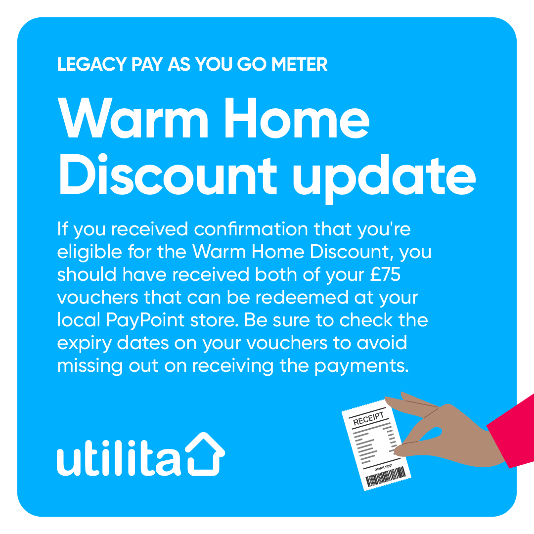 UtilitaEnergy's tweet image. Have you redeemed your #WarmHomeDiscount vouchers? ⚡

If you #PayAsYouGo &amp;amp; received vouchers via email or post - check the expiry dates on your vouchers &amp;amp; redeem at your local PayPoint store to avoid missing out on receiving the payments.

Learn more ➡️ utilita.co.uk/warm-home-disc….
