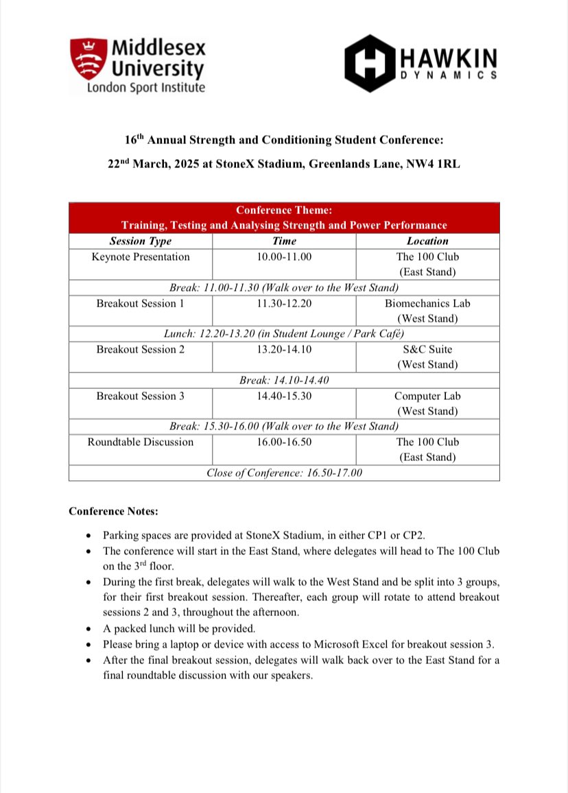 🏟️ Pleased to finally be able to share details of the 16th Annual Strength and Conditioning Conference with you. 

🔗 Booking link here: onlinestore.mdx.ac.uk/conferences-an…. 

🗣️ Speaker names, bios and session titles in the thread below 👇