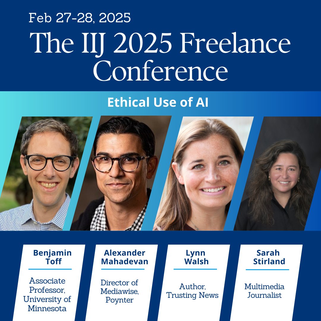 The Institute for Independent Journalists (@the_iij) on Twitter photo Bring your questions about AI ethics to the 2025 IIJ Freelance Conference, for Poynter’s <a href="/AlexMahadevan/">Alex Mahadevan</a>, Trusting News’ <a href="/lwalsh/">Lynn Walsh</a> and <a href="/BenjaminToff/">Benjamin Toff</a> from the Minnesota Journalism Center. Learn more: theiij.com/sessions-25 Bring your questions about AI ethics to the 2025 IIJ Freelance Conference, for Poynter’s <a href="/AlexMahadevan/">Alex Mahadevan</a>, Trusting News’ <a href="/lwalsh/">Lynn Walsh</a> and <a href="/BenjaminToff/">Benjamin Toff</a> from the Minnesota Journalism Center. Learn more: theiij.com/sessions-25