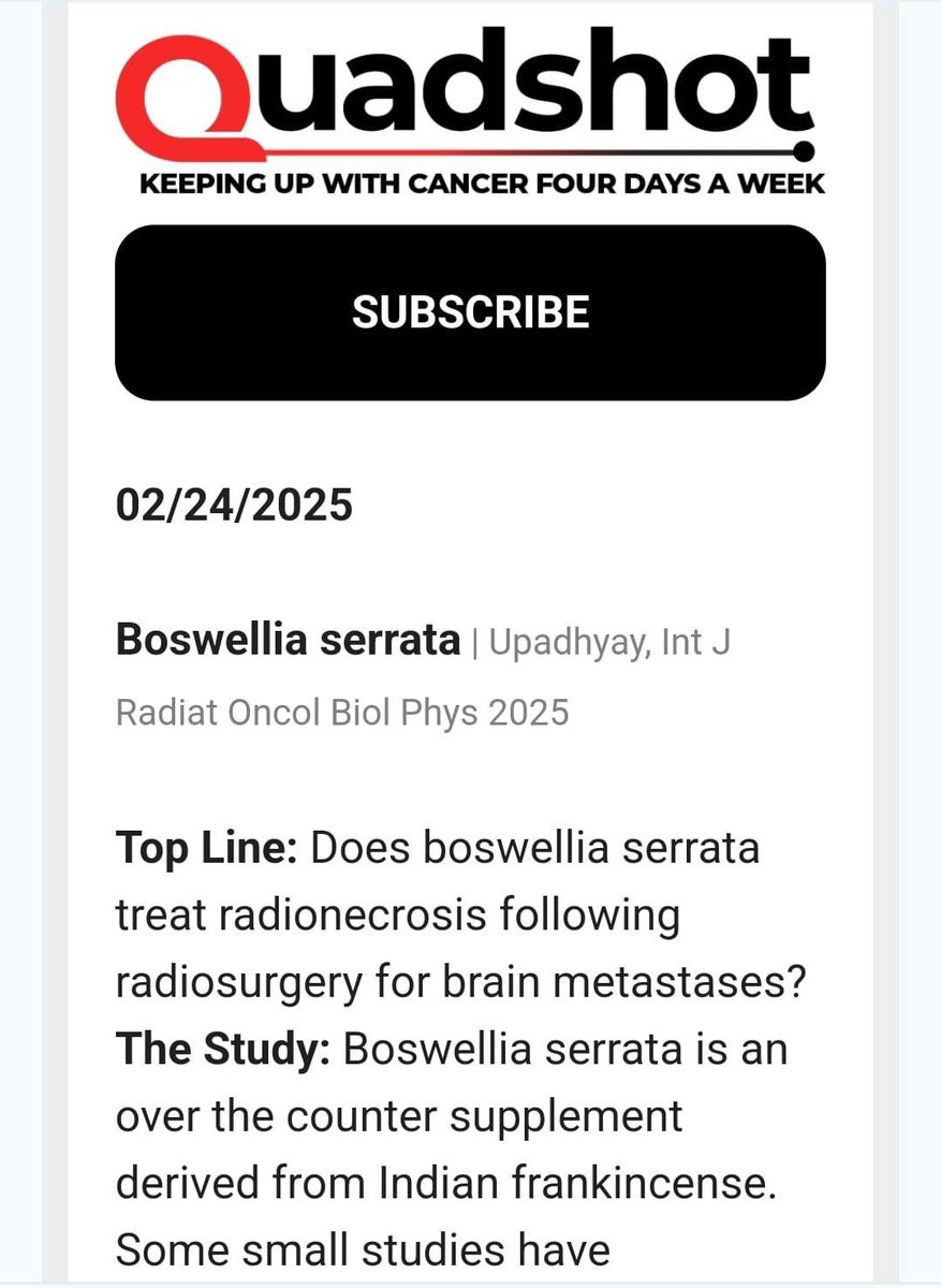 Rituraj Upadhyay, MD (@aiims2738) on Twitter photo Our full paper on Boswellia for radiation necrosis finally published in red journal <a href="/IJROBP/">IJROBP - The Red Journal</a>! Thanks a lot <a href="/QuadShotNews/">QuadShot News</a> for the shout out! A short tweetorial ⬇️
redjournal.org/article/S0360-… Our full paper on Boswellia for radiation necrosis finally published in red journal <a href="/IJROBP/">IJROBP - The Red Journal</a>! Thanks a lot <a href="/QuadShotNews/">QuadShot News</a> for the shout out! A short tweetorial ⬇️
redjournal.org/article/S0360-…